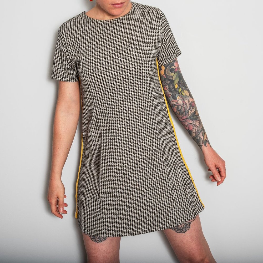 Zara Houndstooth Mini-Dress with Yellow Stripe